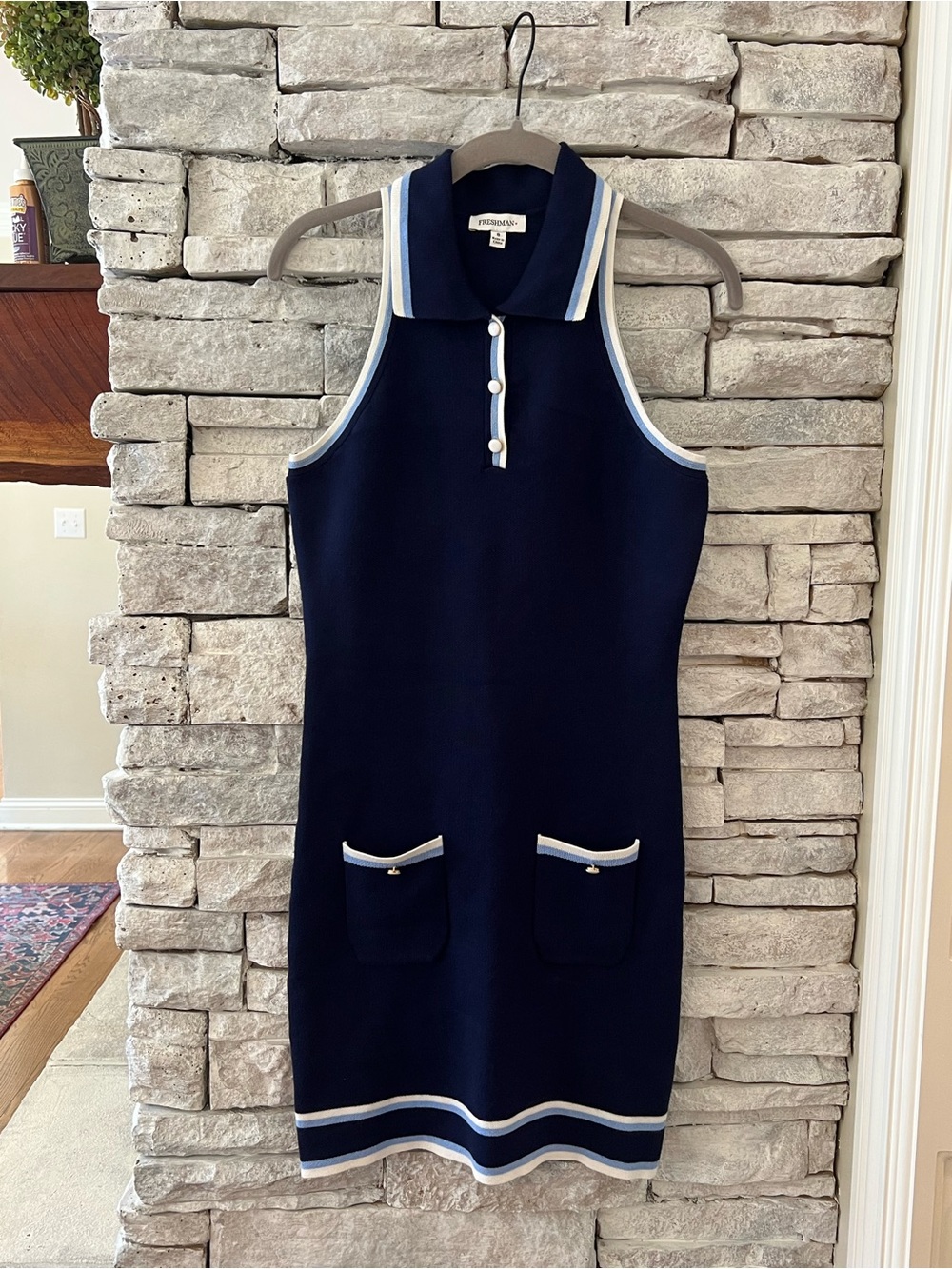 Freshman Navy Polo Knit Mini Dress with White & Light Blue Trim Size Small